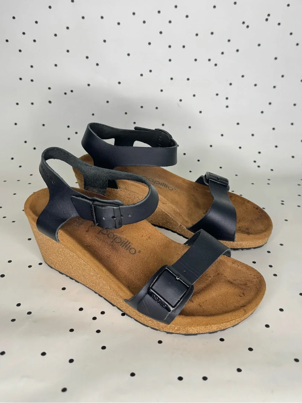 Birkenstock Papillio Soley Black Leather Wedge Sandals with Buckle Straps size 9